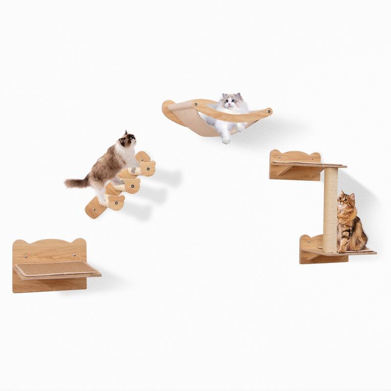 Natural Plywood Cat Wall Shelves with Hammock, Stairs and Scratching Posts - Hammock: 19" L x 13.5" W x 6.5" H