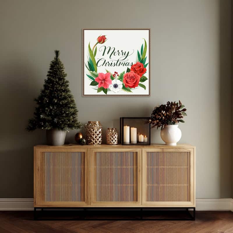 Christmas Flora Wreath I by Grace Popp (22 x 22 in.), Framed Canvas Wall Art Print - Sylvie Beaded Dark Gold