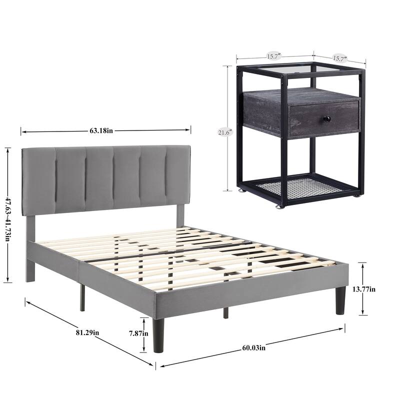 VECELO, Five Colors, 3-Pieces Tufted Upholstered Platform Bed Frame with Adjustable Height Headboard and Nightstands Set of 2