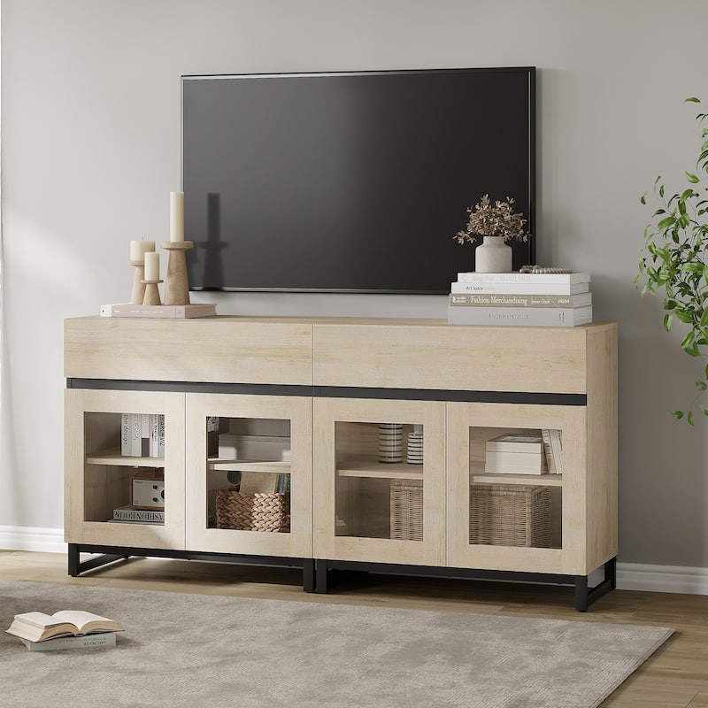 WAMPAT Modern TV Stand with Glass Doors for 110 inch TVs, Entertainment Center Console with 3 Drawers and Metal Base - 62 Inch - Beige