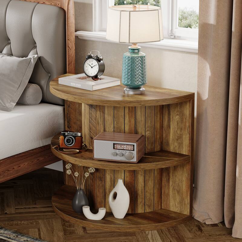 3-tier Half Round Side Table, Wooden End Table with Storage Shelves
