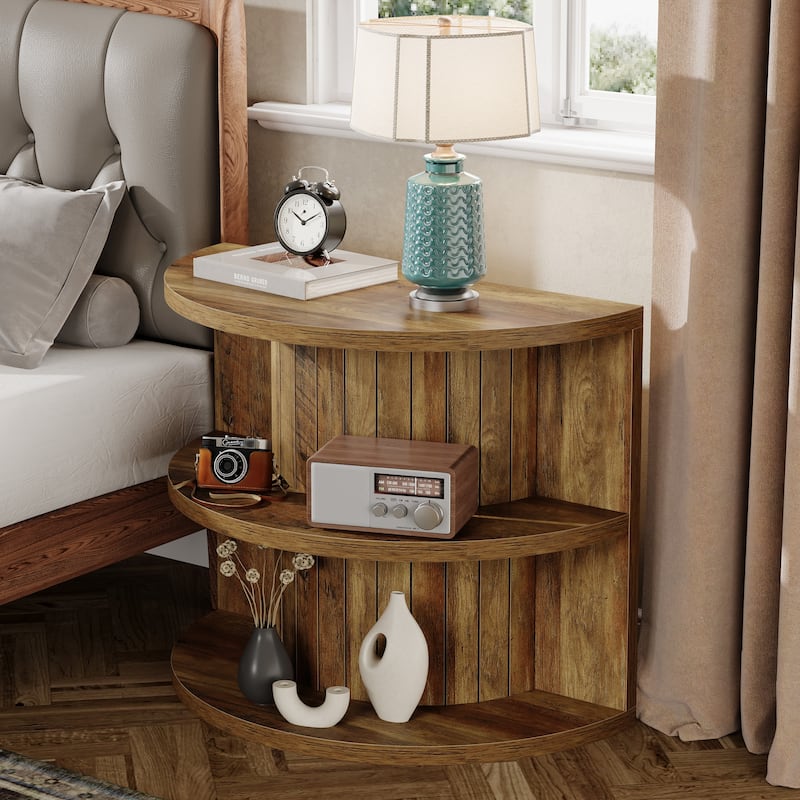 Half Round Wooden Nightstand, 3-tier Fluted Bedside Table - Brown-1 PC