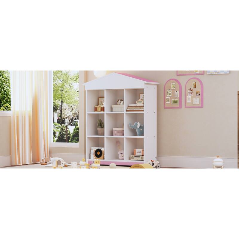 House shaped Storage Rack with Nine Storage Compartments,Three layer Bookshelf with Colorblock Design