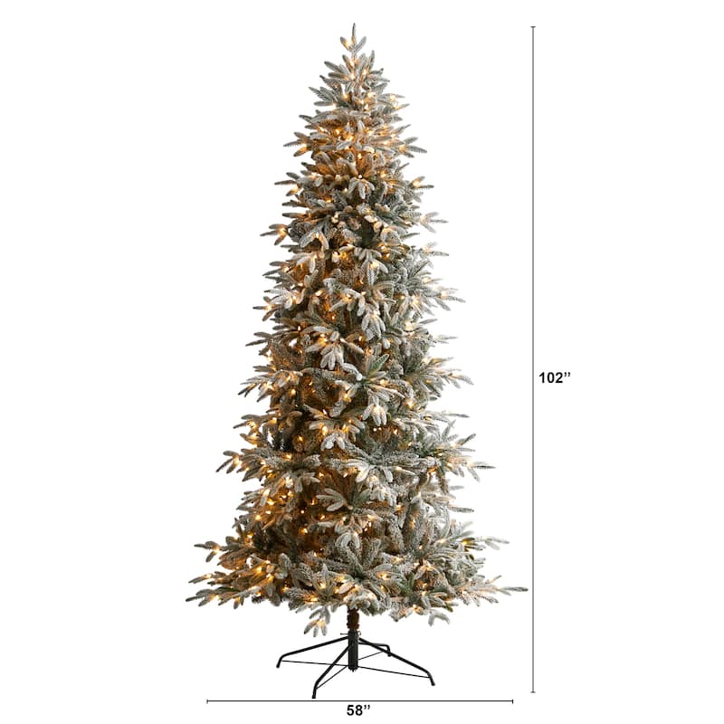 8.5' Pre-Lit Flocked Manchester Spruce Artificial Christmas Tree, White Lights - 8.5 Foot