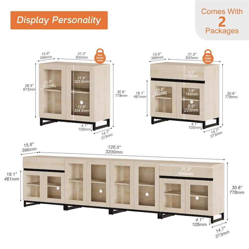 4-in-1 TV Stand for 120" TVs, Modern Console with Glass Doors & 2 Drawers