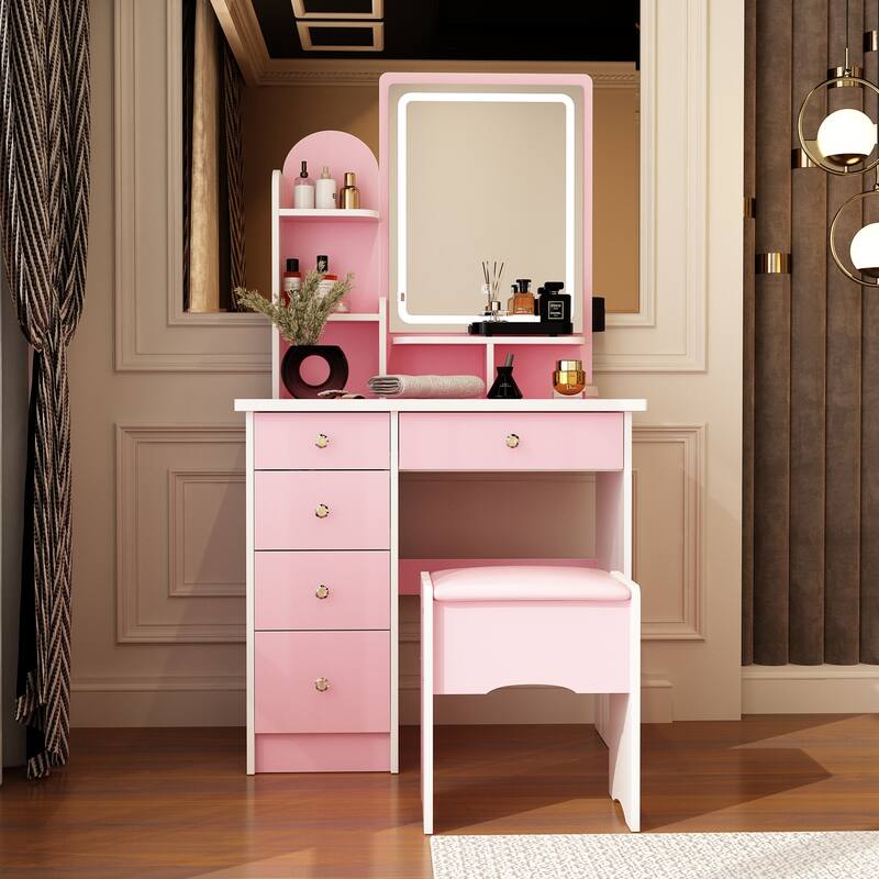 Vanity Desk with LED Lighted Mirror, Makeup Vanity Table with Drawers, Shelves and Stool - Pink