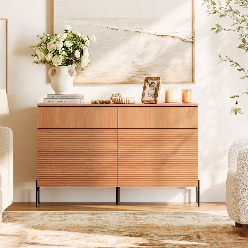 WAMPAT 6 Drawer Baby Dresser For Bedroom, Double Chest Of Drawers For Kids With Minimalist Reeded Design - Mocha