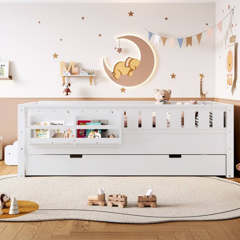 Montessori Toddler Bed with Fence, Low Profile Platform Bed for Kids with Trundle, Built-in Bookshelf and Small Staircase - White - Twin