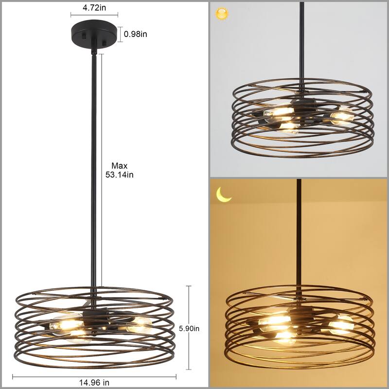3-Light 14.96" Classic Caged Drum Metal Chandelier, Classic Semi Flush Mount Chandelier for Dining Room - W14.96"x H5.9"
