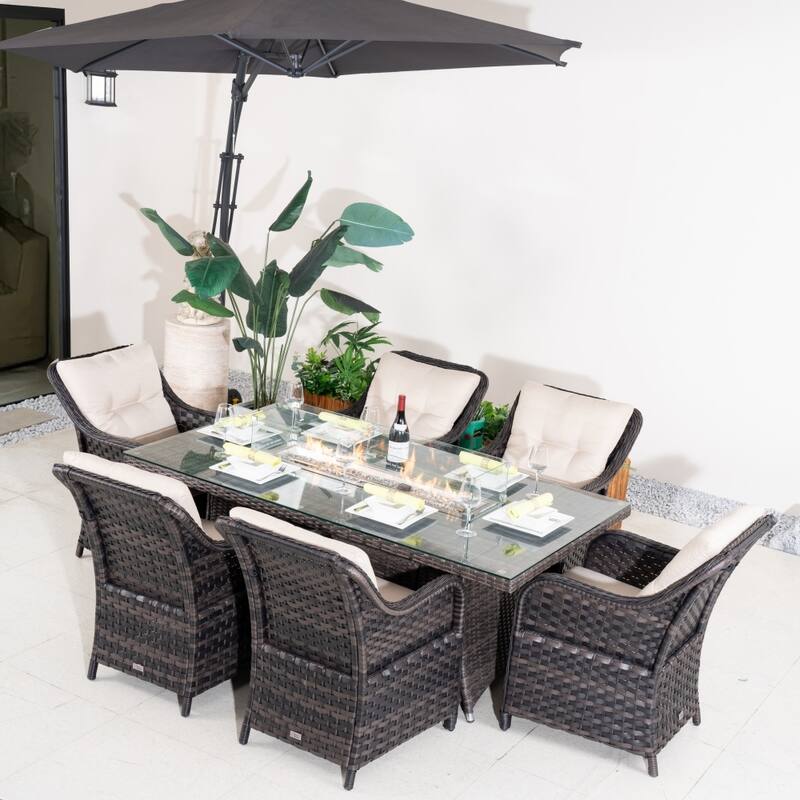 Outdoor Patio Premium Aluminum Fire Pit Table Set with PE Rattan Chairs