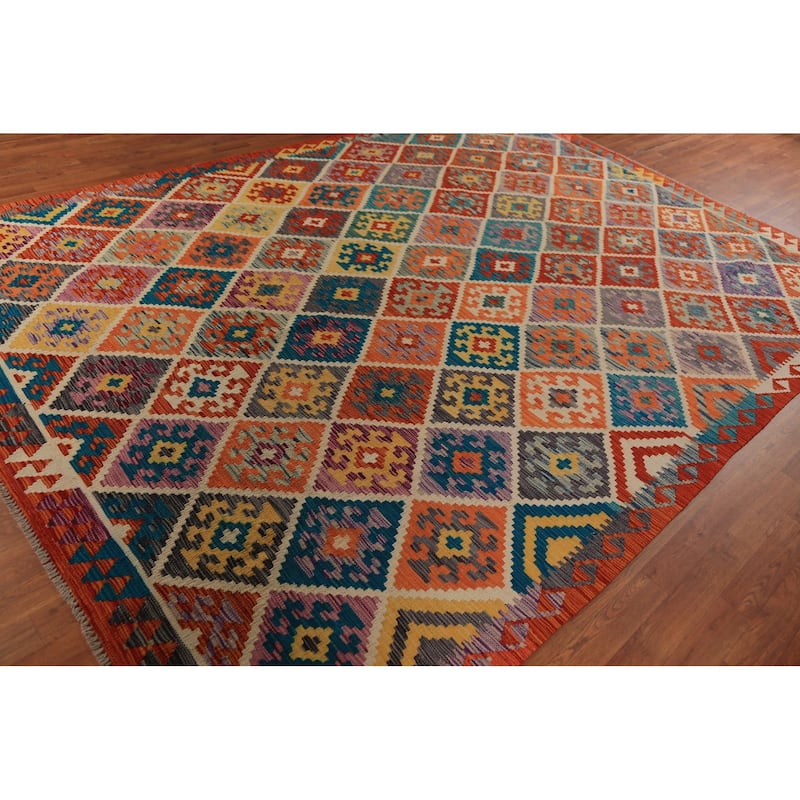 Geometric Kilim Oriental Area Rug Tribal Hand-Woven Wool Carpet - 8'0"x 11'2"