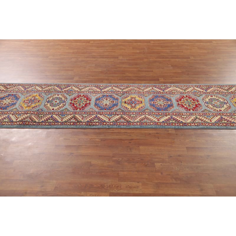 Light Blue Kazak Oriental Runner Rug Hand-Knotted Wool Carpet - 2'7" x 12'9"