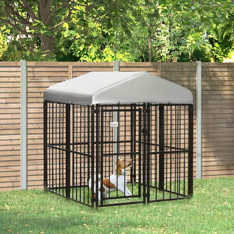 PawHut Dog Kennel, Outdoor Dog Playpen Run with Waterproof, UV Resistant Canopy, Heavy-Duty Chain Link for Small and Medium Dogs
