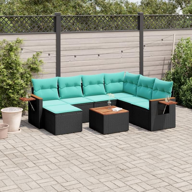 vidaXL 7 Piece Patio Sofa Set with Cushions Black Poly Rattan - 21.7x27.2x24.4-With table