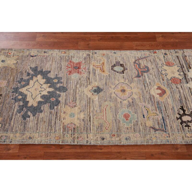 Hand Knotted Oriental 100% Wool Carpet Transitional Floral Multi-Colored Oushak Runner Rug - 9' 10'' X 2' 6''