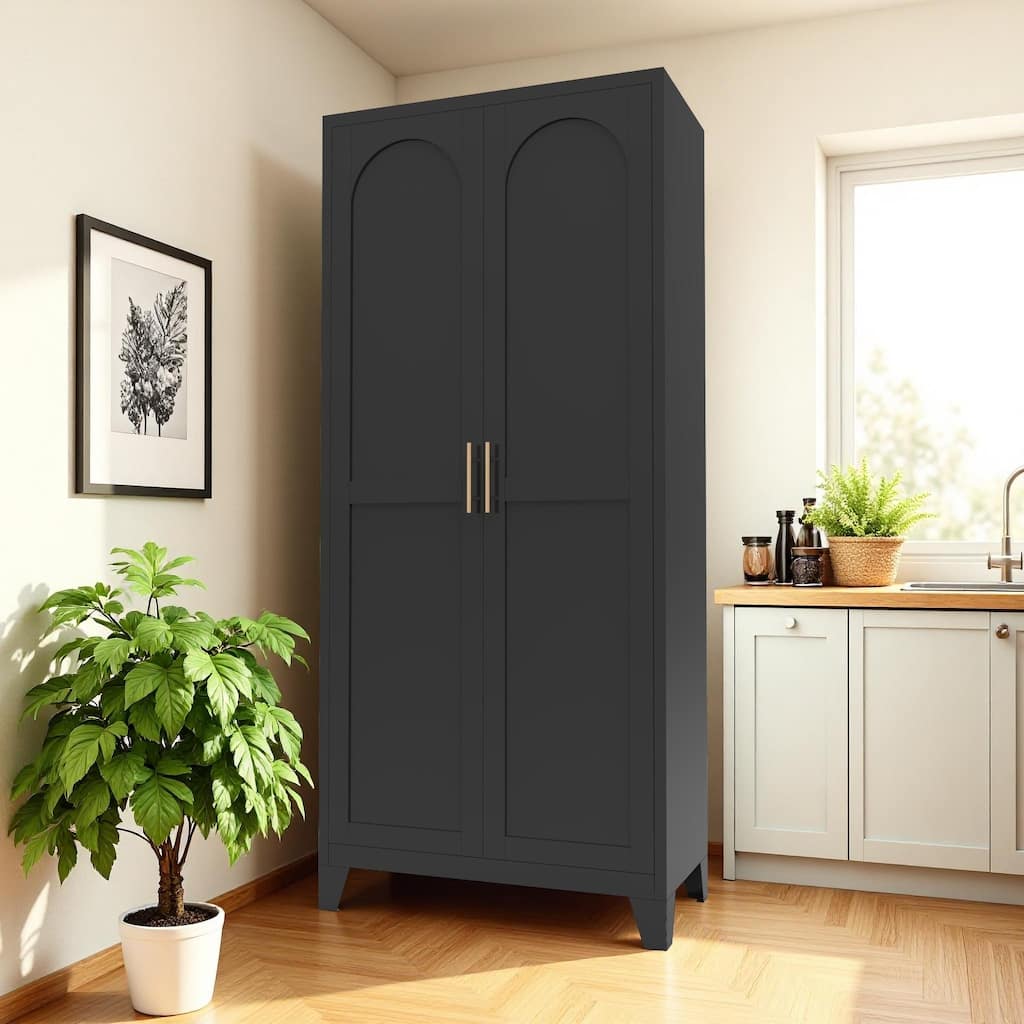 2 Door Metal Storage Cabinet, Freestanding Kitchen Pantry Cabinet, Steel Cabinet with Doors & Adjustable Shelves
