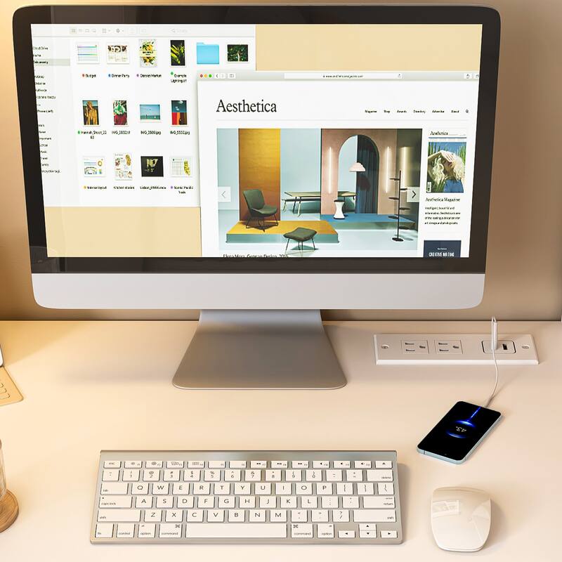 Anmytek White Home Office Desk with Built in Outlets, Compact Study Desk with 3 Slide Drawers and 4 Storage Levels