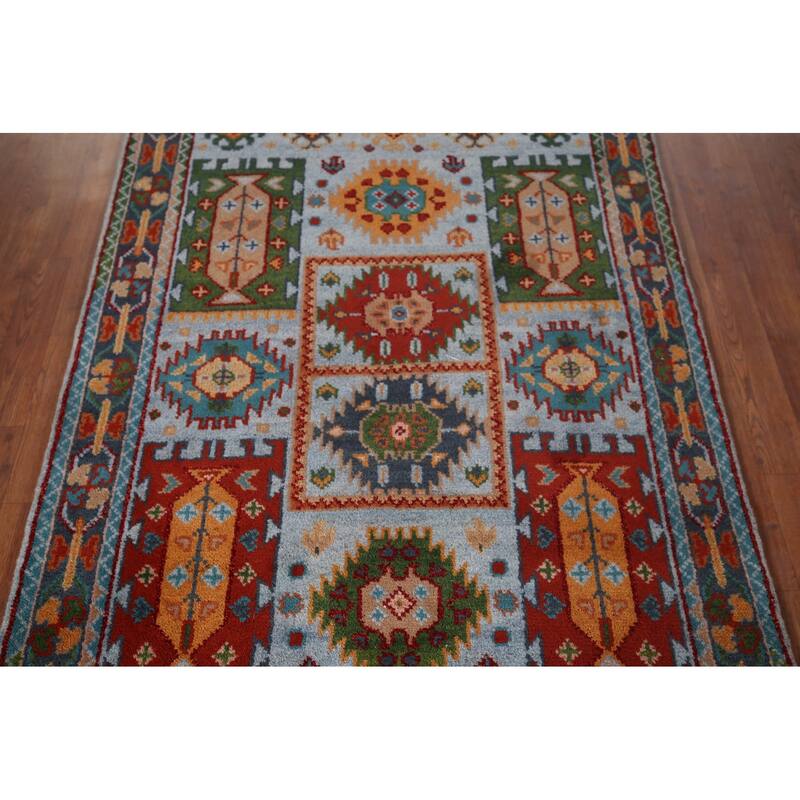 Blue Geometric Oushak Oriental Area Rug Hand-Knotted Wool Carpet - 3'11"x 5'11"