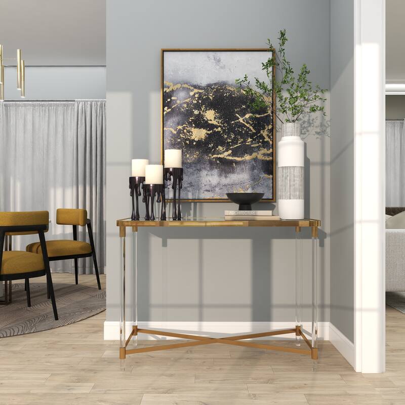 Gold Metal Console Table with Mirrored Top and Acrylic Legs