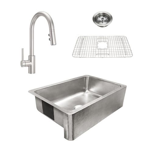 Percy Apron-Front Brushed Stainless Steel 32 in. Single Bowl Kitchen Sink with Pfister Stainless Stellen Faucet All-in-One Kit