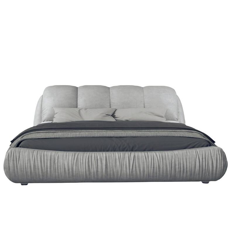 Queen/King Size Upholstered Platform Bed with Oversized Padded Backrest, Low Profile Bed Frame Floor Bed with Thickening Slats
