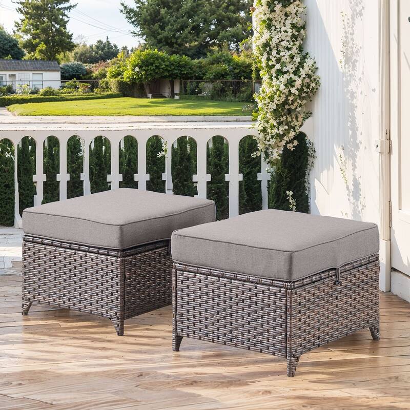 Outside Patio Sofa Chair Set with Cushions - Brwon Wicker Grey Cushion - 2PCS Patio Ottoman