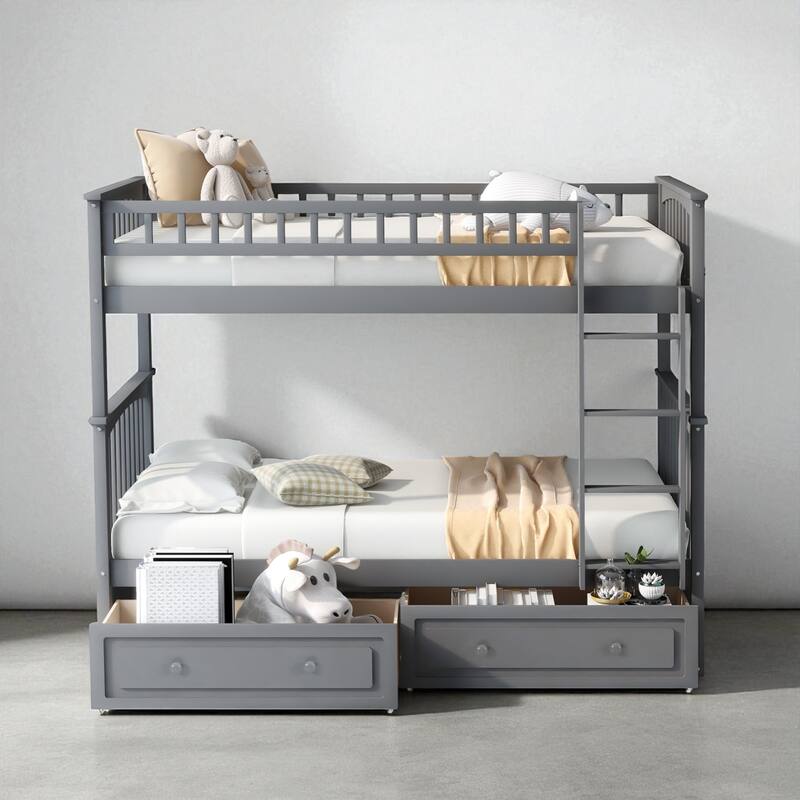 Twin Over Twin Convertible Bunk Bed with Storage Drawers, Fence Guardrail, Solid Wood Frame, No Box Spring Needed - Grey - Twin