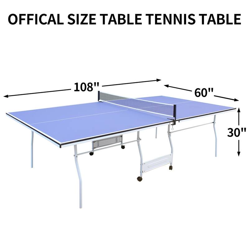 Roomfitters 9ft Indoor Ping Pong Table, Foldable & Portable Mid-Size Table Tennis Set with Net, 2 Bats and Balls, Blue