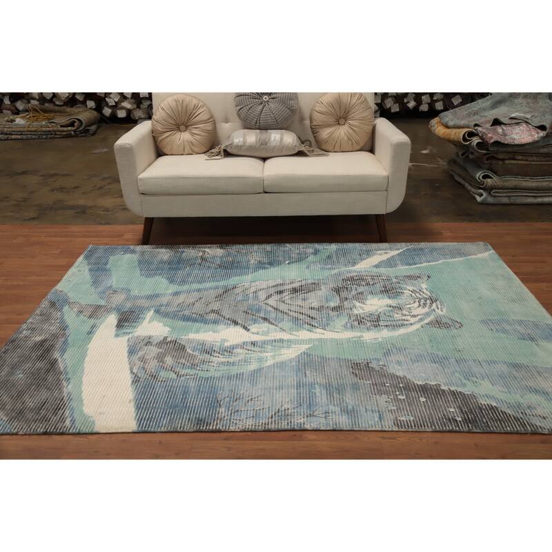 Hand Knotted Oriental Viscose Silk Carpet Modern Animal Pictorial Green Abstract Area Rug - 7' 8'' X 5' 5''
