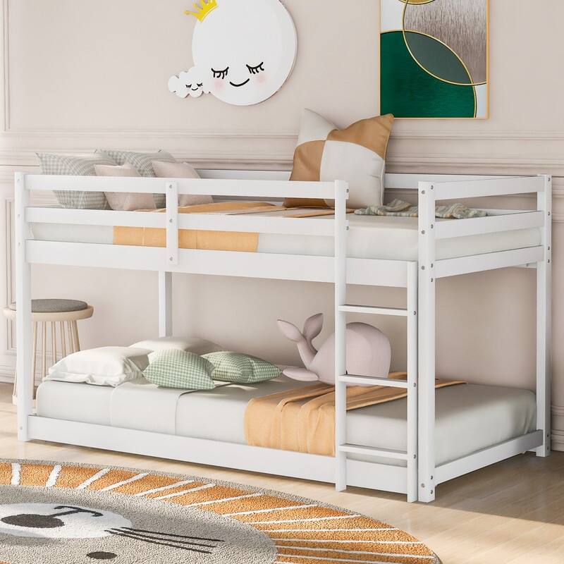 Twin over Twin Size Floor Bunk Bed with Ladder
