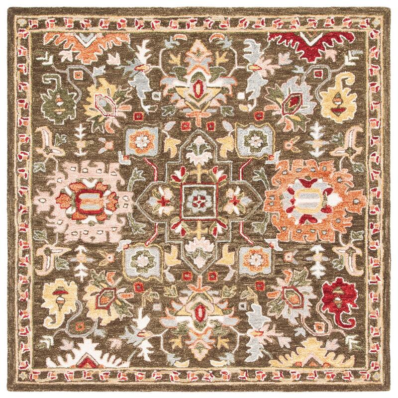 SAFAVIEH Handmade Heritage Chrysanthemum Traditional Wool Rug - 6' Square - Brown/Green