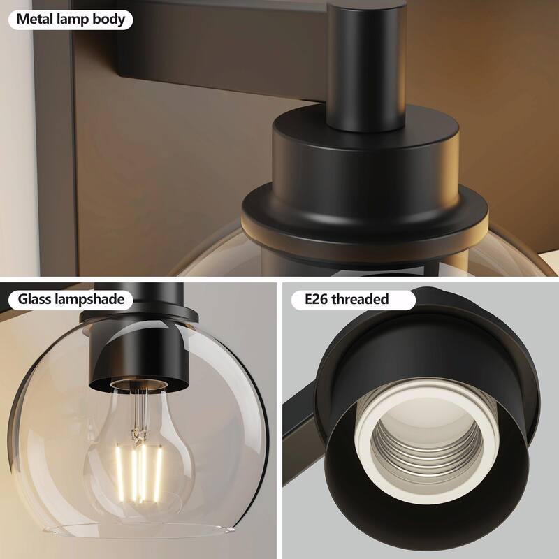 Bathroom Vanity Light with Clear Globe Glass Shades, Modern Black Wall Sconce Over Mirror, Vanity Lighting for Bath
