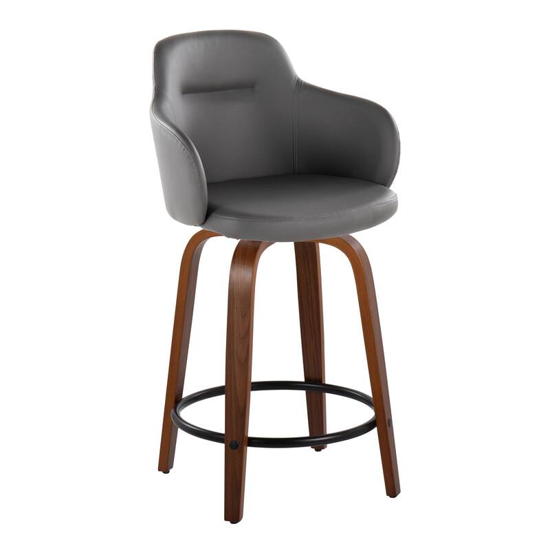 Carson Carrington Iglabo 24" Fixed-Height Counter Stool with Bent Wood Legs and Round Footrest (Set of 2) - Grey Faux Leather/Walnut/Black Metal