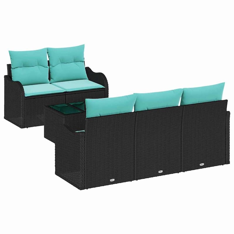 vidaXL 6 Garden Sofa Set with Cushions Black/Brown/Grey Poly Rattan - 69.3 x 24.4 x 27.2