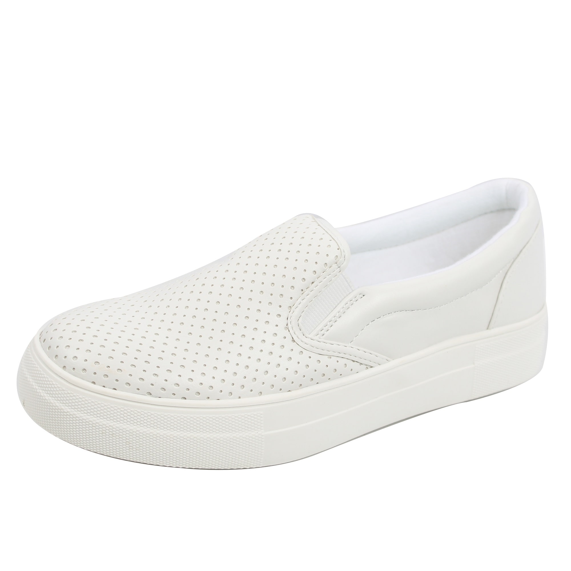 white faux leather slip on sneakers