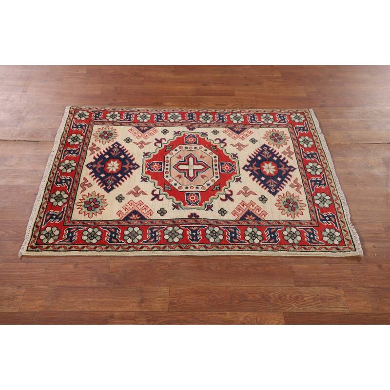 Geometric Kazak Accent Rug Handmade Wool Carpet - 2'7" x 3'9"