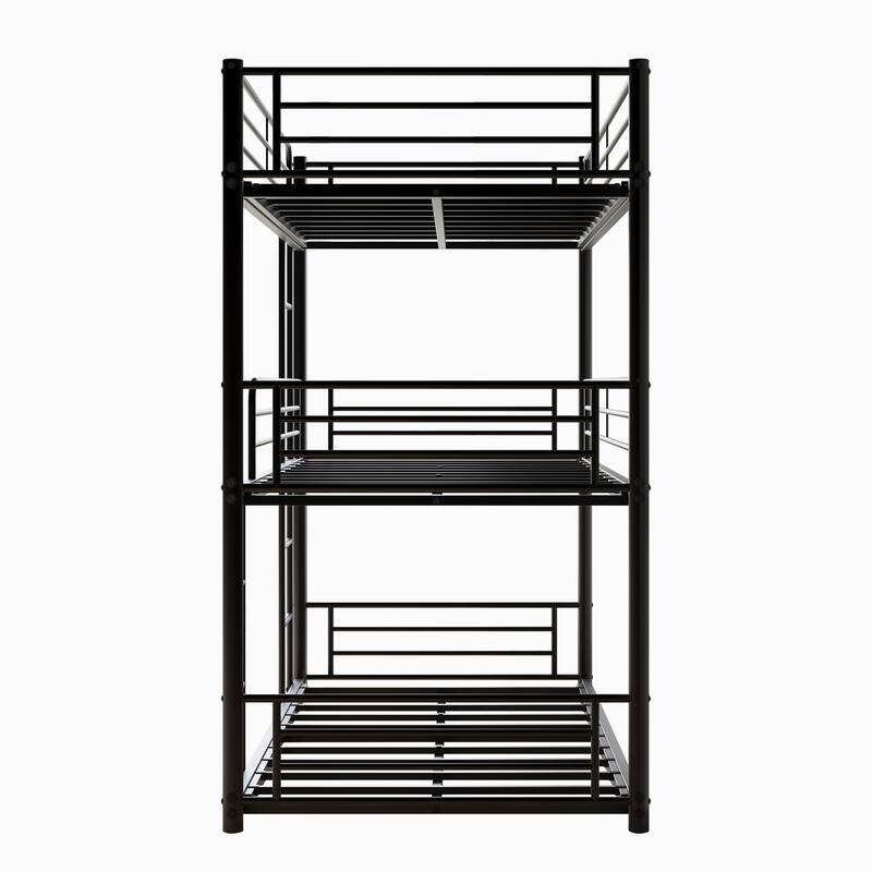 Triple Twin Bunk Beds, Twin Over Twin Over Twin Metal Bunk Bed Platform Frame, Two Attached Ladders
