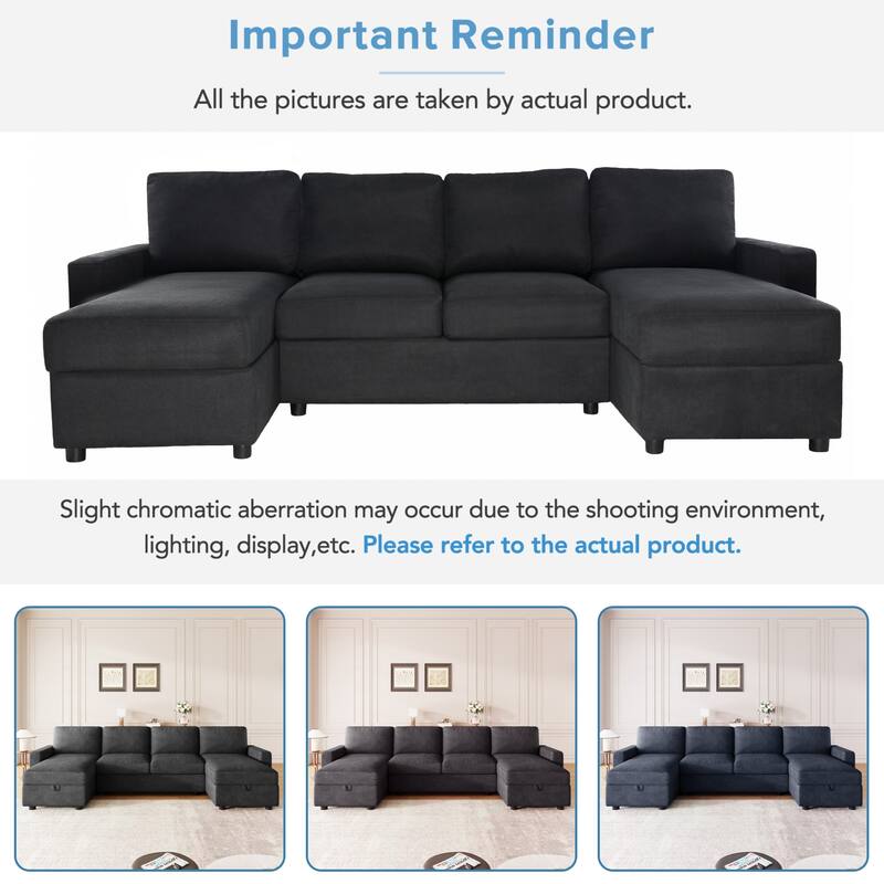 103.9" Convertible U-shaped Sofa with 2 Storage Chaise Lounges, 4 USB Ports, Black Polyester