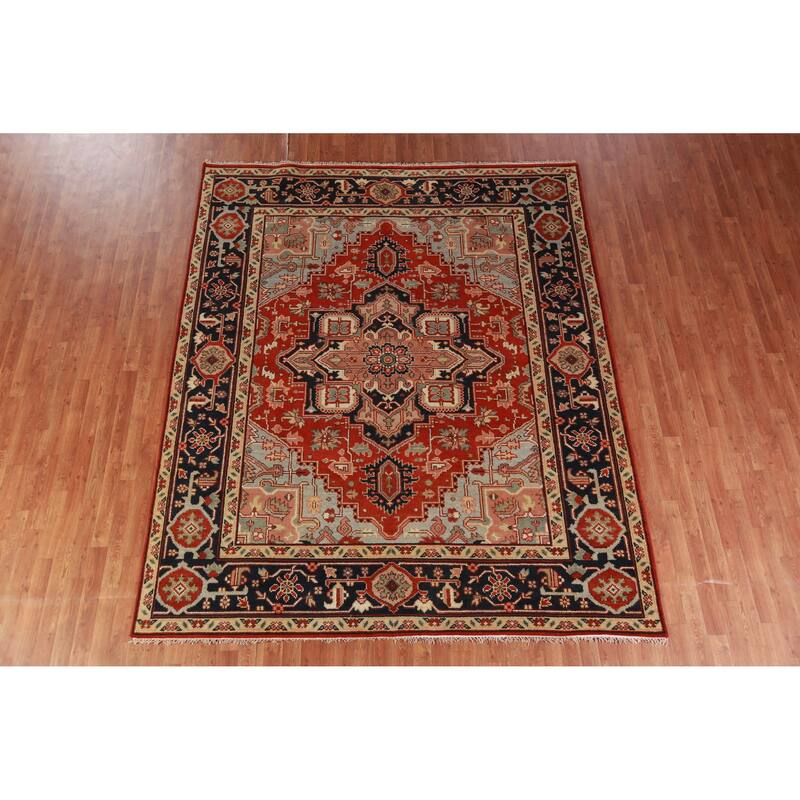 Hand Knotted Oriental 100% Wool Carpet Traditional Medallion Oranges & Rust Heriz (serapi) Area Rug - 9' 9'' X 8' 0''