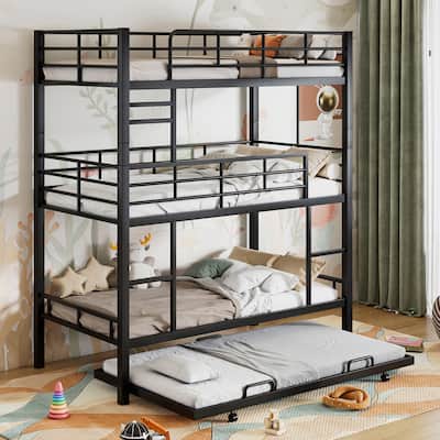 Roomfitters Twin Metal Triple Bunk Bed with Trundle and Space-Saving Vertical Layout for Three Sleepers
