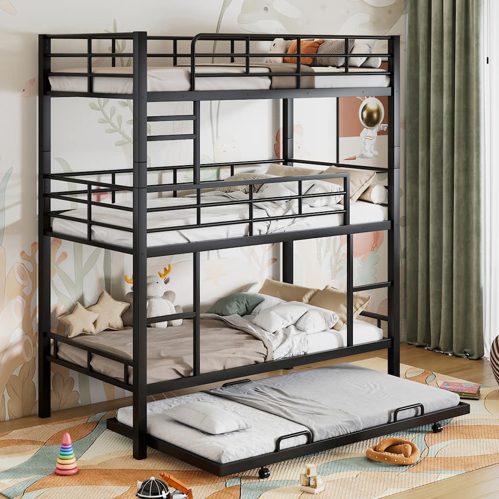 Twin Size Triple Bunk Bed with Trundle, Black, Heavy Duty Metal Construction