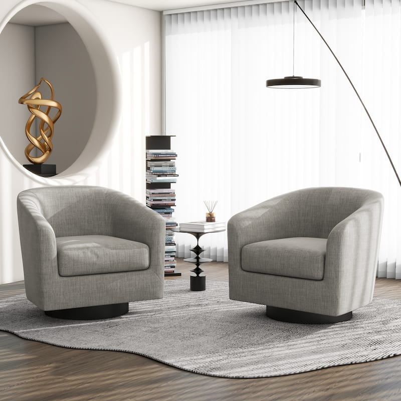 Modern Round Swivel Accent Chair Set of 2 Barrel Chair for Living Room - linen - Khaki/Linen