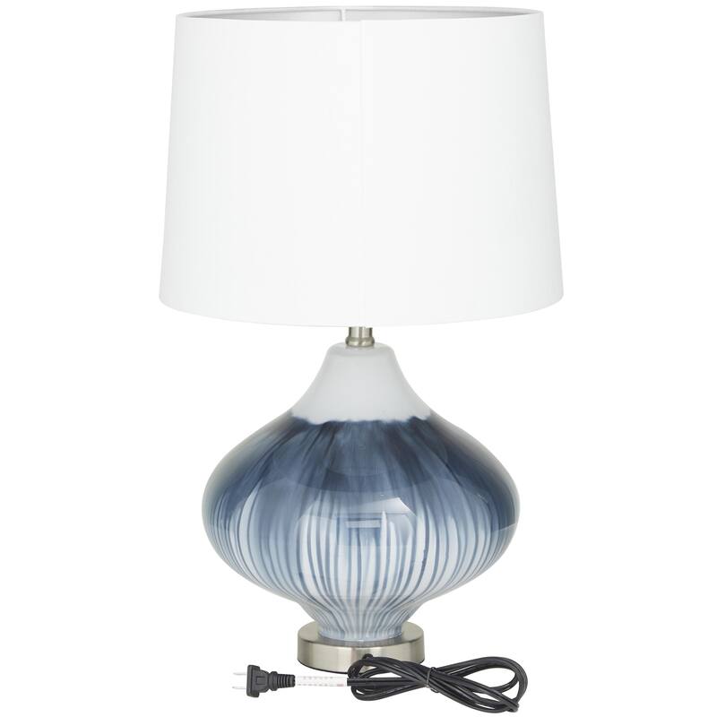 Glass Gourd Style Base Room Table Lamp with Drum Shade - Blue - Roche River Decor