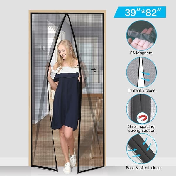 Shop Magic Mesh Hands Free Magnetic Screen Door With Durable Fiberglass Full Frame Hook Loop 37 X82 Black S Overstock 29204440