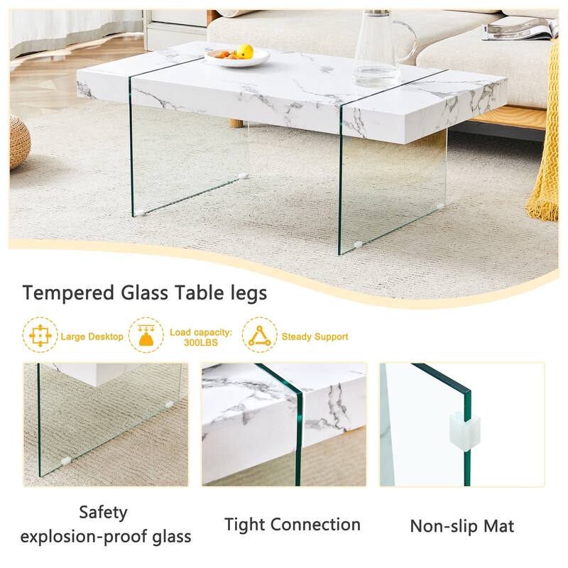 Roomfitters White Marble MDF Coffee Table with Tempered Glass Legs, Side or Display Table for Modern Living Room