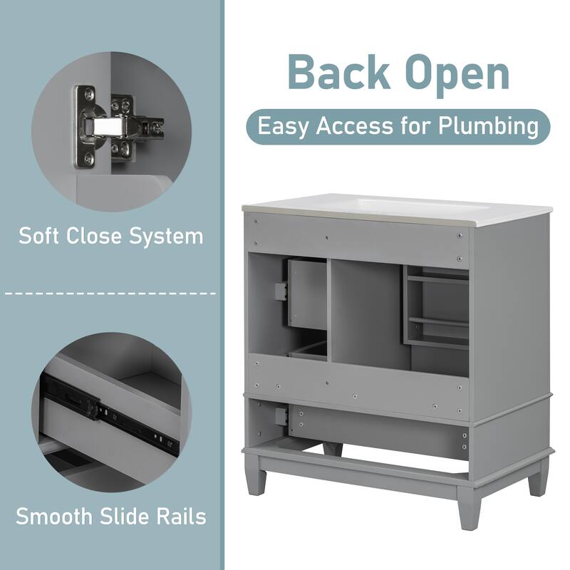 30" Freestanding Bathroom Vanity with Sink, One Door Cabinet and 3 Drawers, Solid Wood Frame & MDF Board