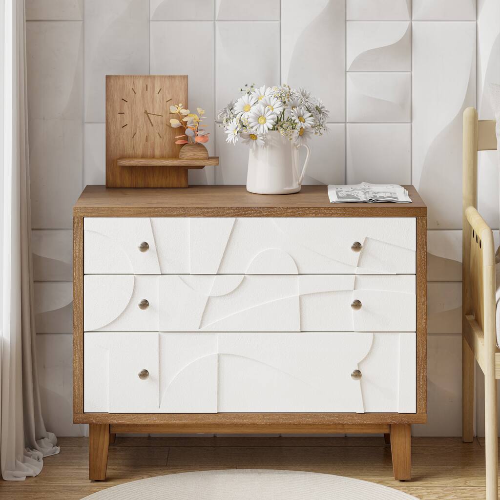 COZAYH Farmhouse 3-Drawer Dresser with Abstract Geometric Relief ...