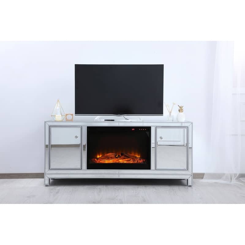 60 in. Mirrored Fireplace TV Stand - Wood Log Insert