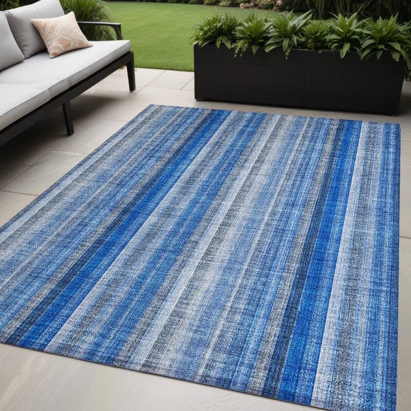 Elle Stripe Weather Resistant Timeless Fusion Outdoor Rug - 5' X 8' - Blue