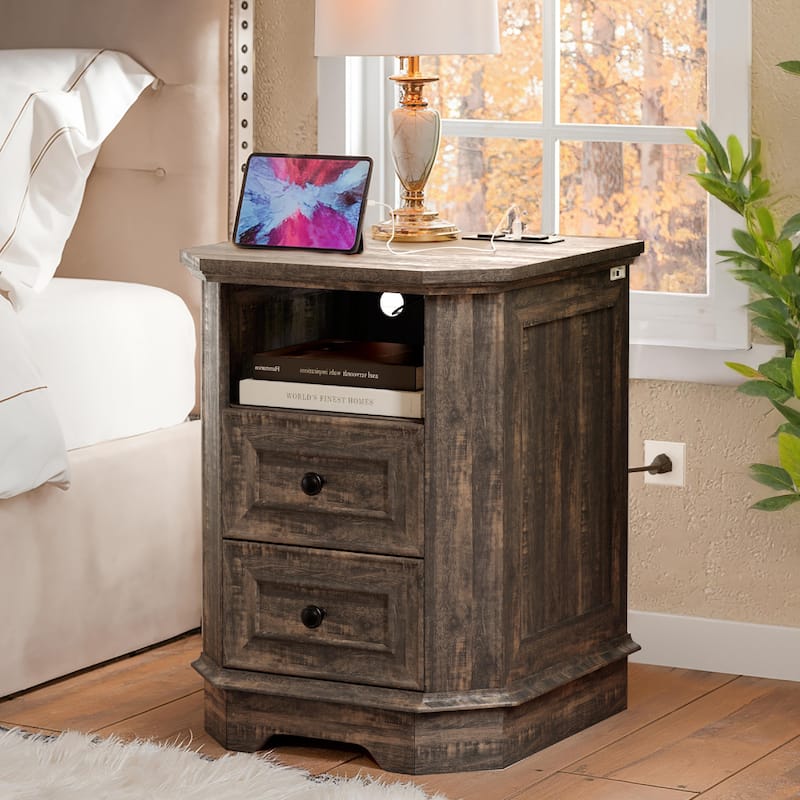 Farmhouse Nightstand with Charging Station and Versatile Storage